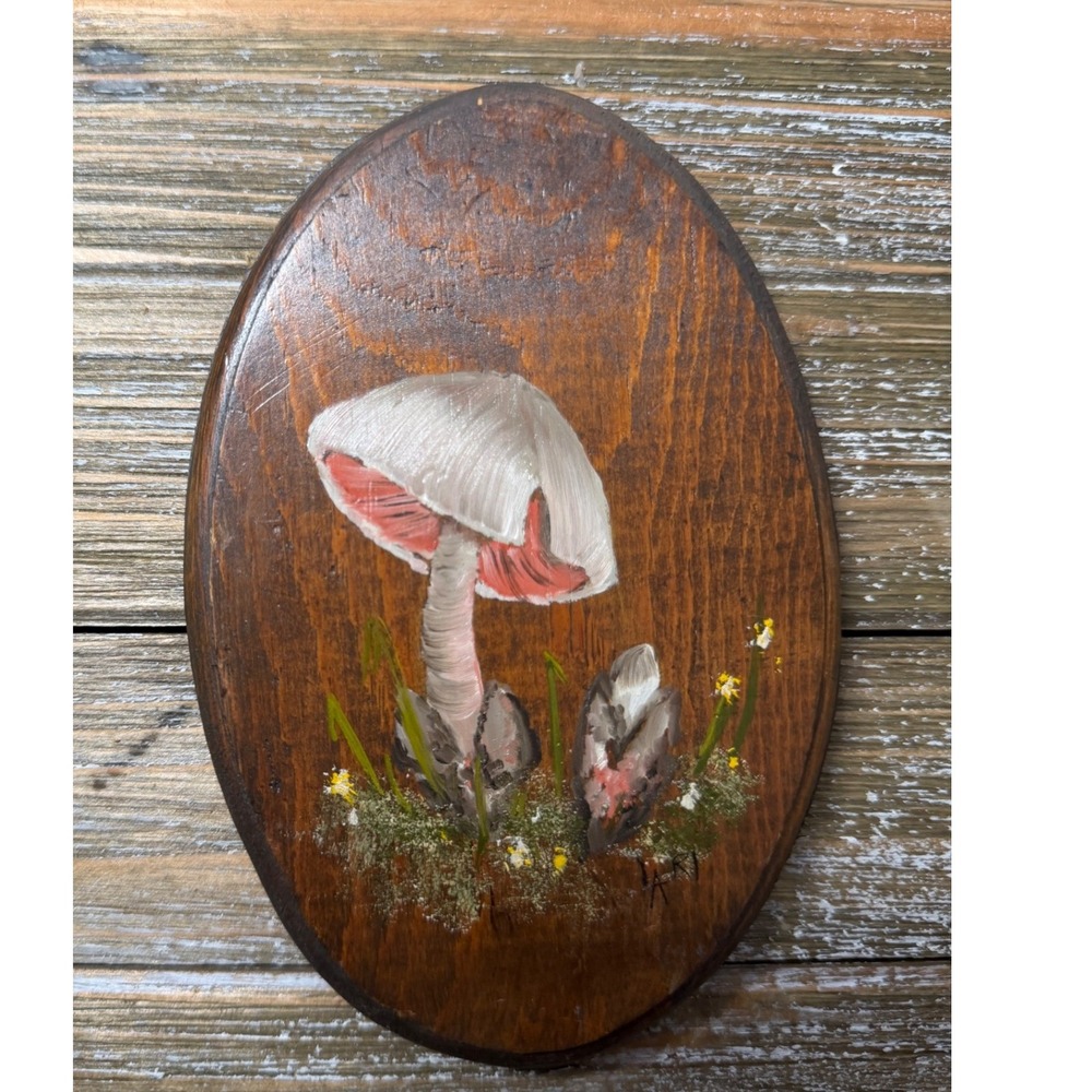 Vintage Mushroom Wood Plaque Painted Cottagecore Fairycore Art 1970s Whimsical